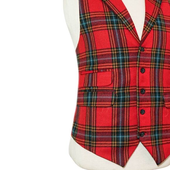 Mens 46R Red Blue Orange Wool Plaid Waistcoat Vest Formal Wedding Preppy Casual - Picture 6 of 8
